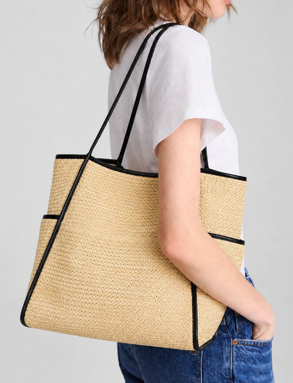 Large Straw Tote Bag Snap Woven Beach Shoulder Bag