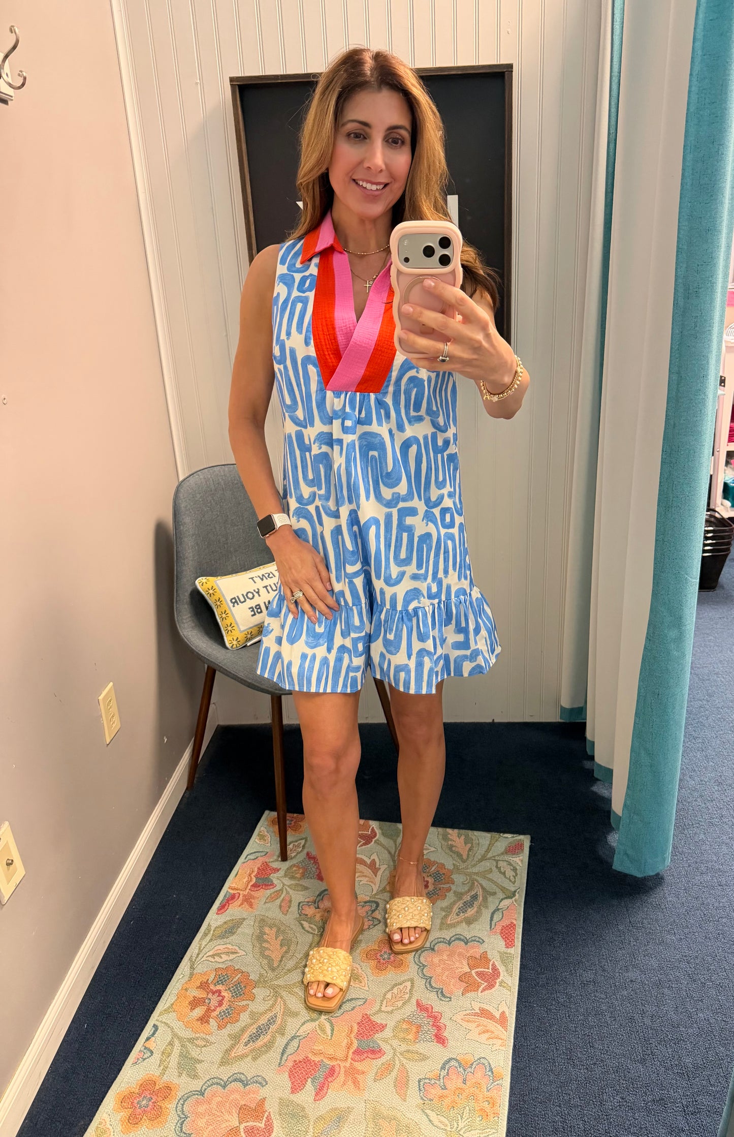 Sleeveless Geo Print Ruffle Hem Contrast Yoke Dress-Lt Blue