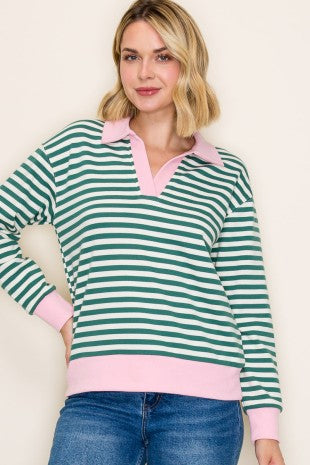 Contrast Collared Striped Sweatshirt-Pk/Grn