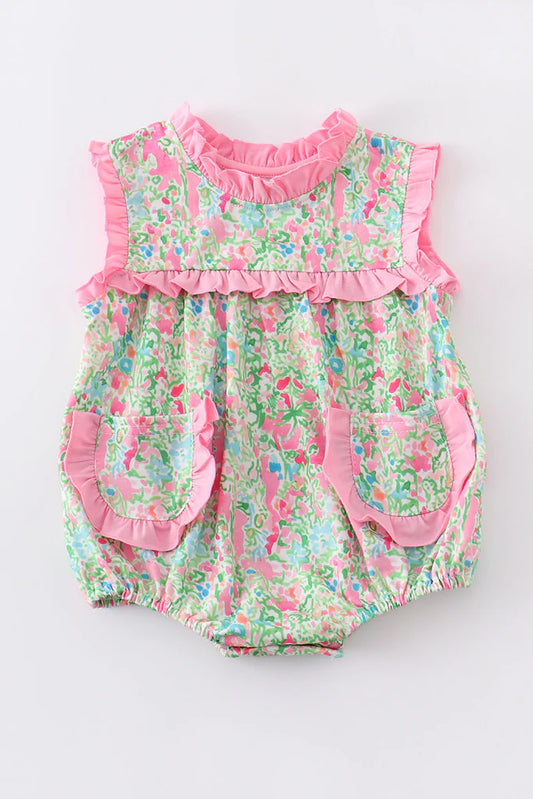 Pink Floral Print Ruffle Pocket Bubble