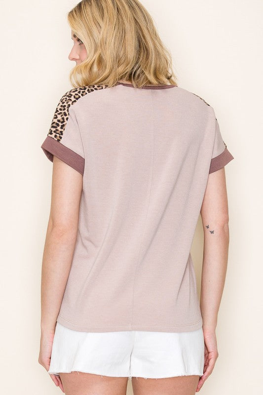 V-Neck Animal Print Shoulder Stripe Top-Taupe