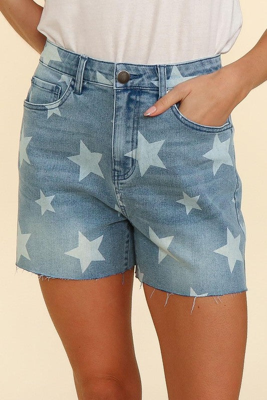 High Rise Tummy Control Star Print Cut Off Denim Shorts