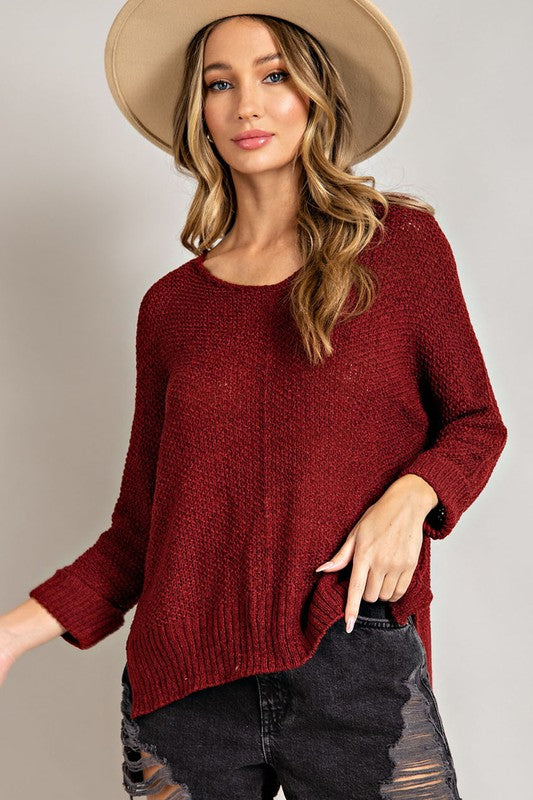 Solid V-Neck Loose Weave Cuffed 3/4 Sleeve Sweater