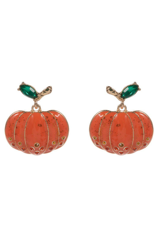 Enamel & Rhinestone Pumpkin Drop Earring-Orange
