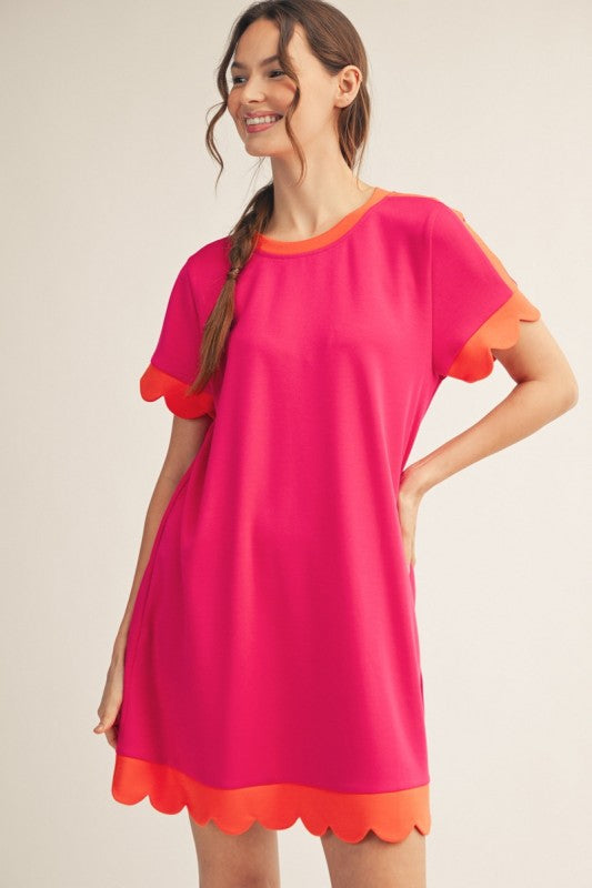 Solid Dress w/Scallop Arm & Hem