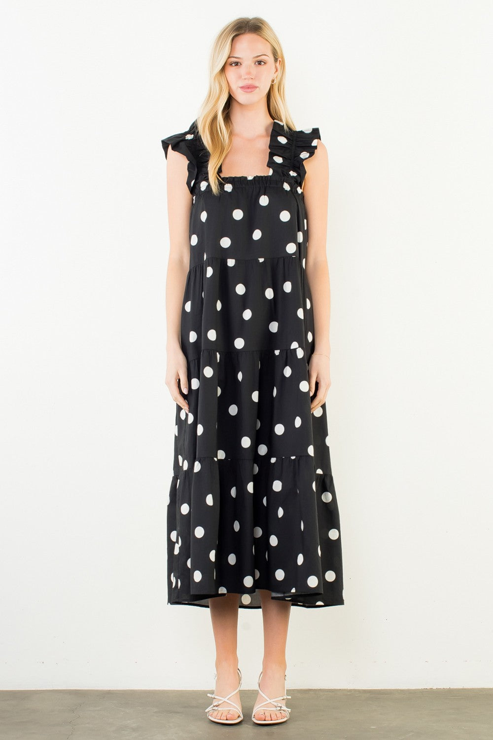 Polka Dot Wide Flutter Strap Tiered Midi Dress-Blk