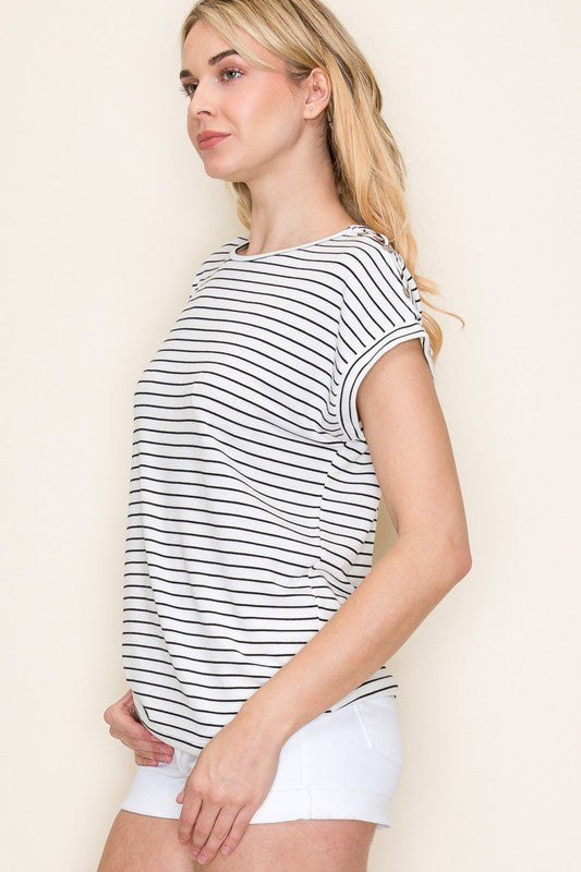 Button Shoulder Striped Short Sleeve Top