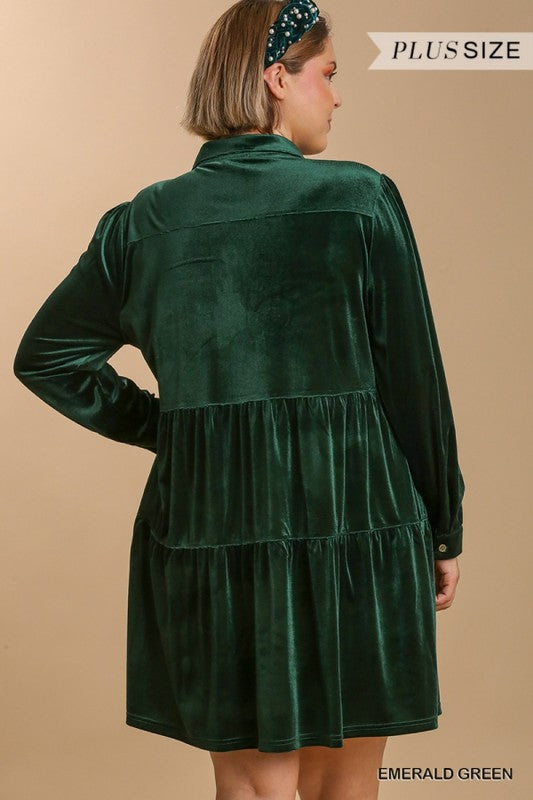 Velvet Collared Button Down Tiered Dress - Emerald