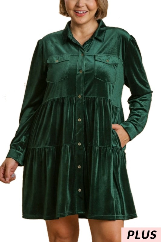 Velvet Collared Button Down Tiered Dress - Emerald