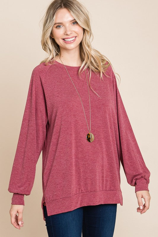 Solid Heathered Long Sleeve Pullover Top