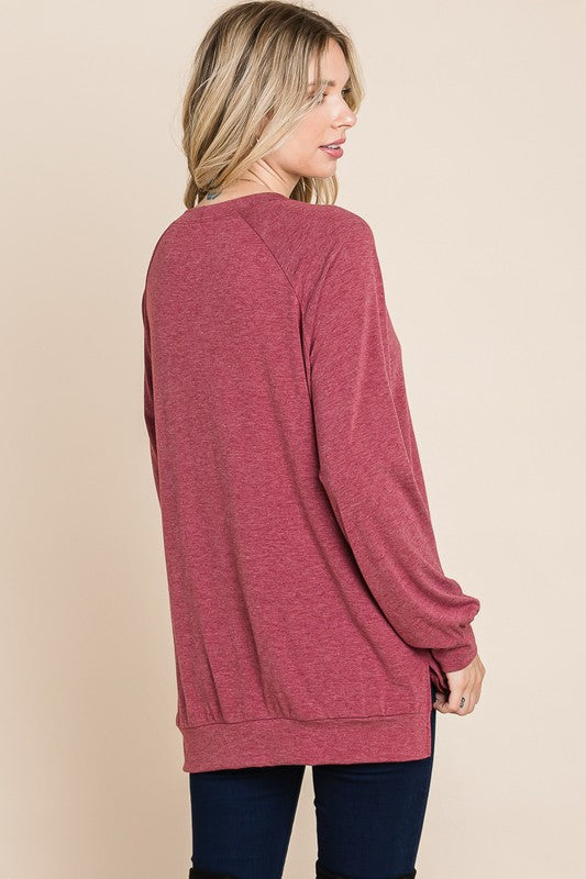 Solid Heathered Long Sleeve Pullover Top