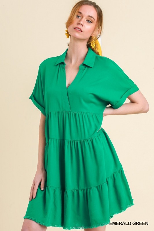 Solid Collared Tiered Raw Hem Dress-Green
