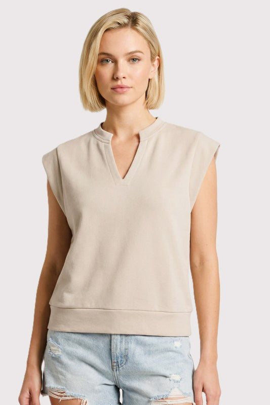 Solid Split V-Neck Cap Sleeve Terry Top