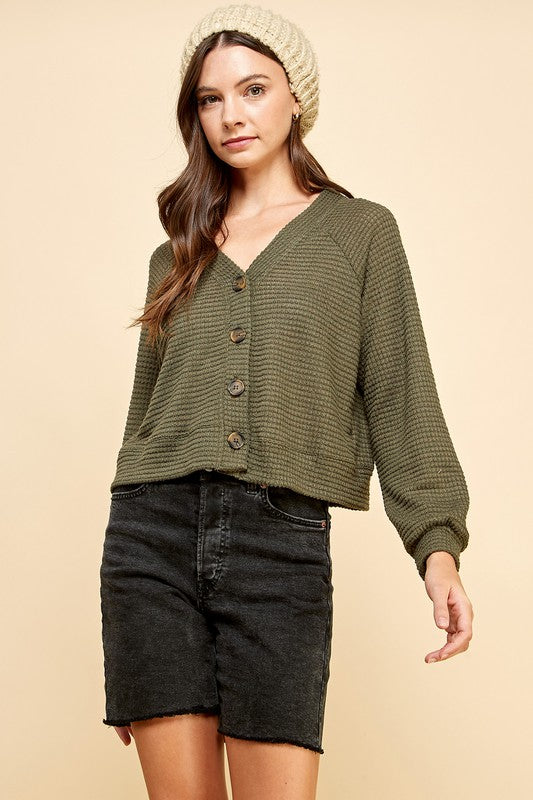 Solid Waffle Button Up Crop Cardigan