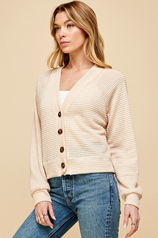 Solid Waffle Button Up Crop Cardigan