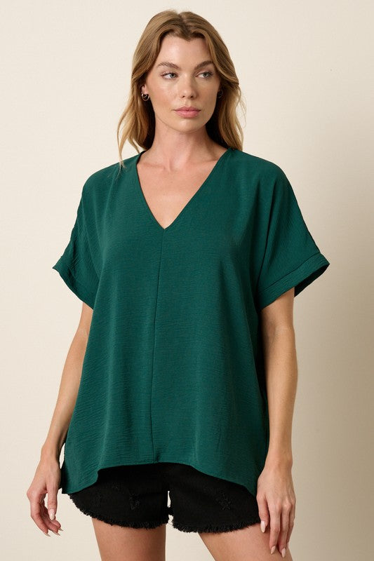 Solid V-Neck Dolman Sleeve Woven Top