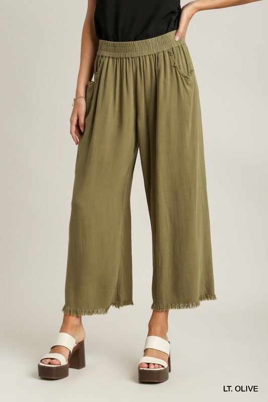 Solid Wide Leg Fray Hem Pant