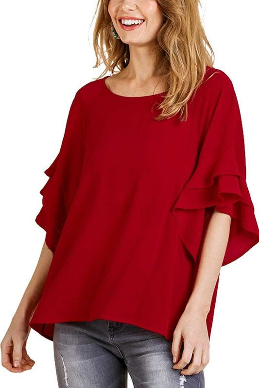 Solid Double Ruffle Layered Sleeve Top