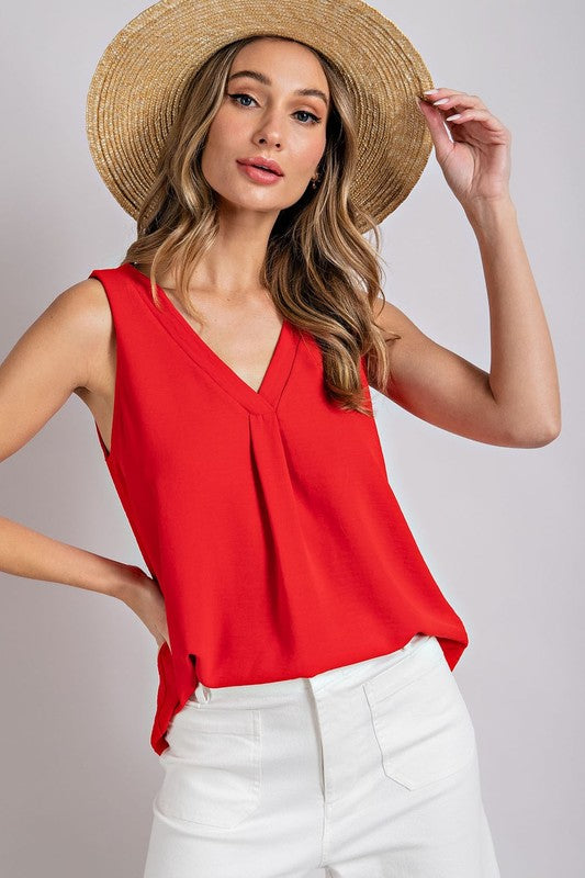 Solid V-Neck Sleeveless Front Pleat Top