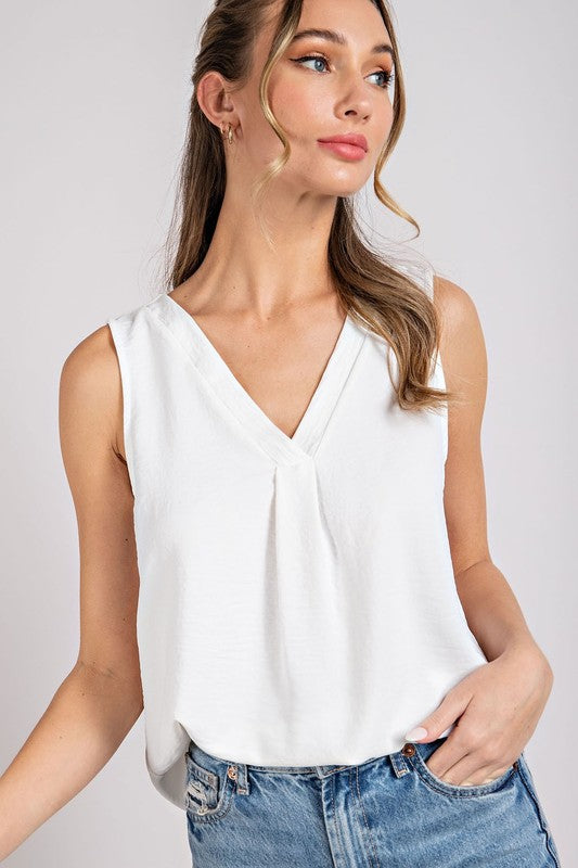 Solid V-Neck Sleeveless Front Pleat Top