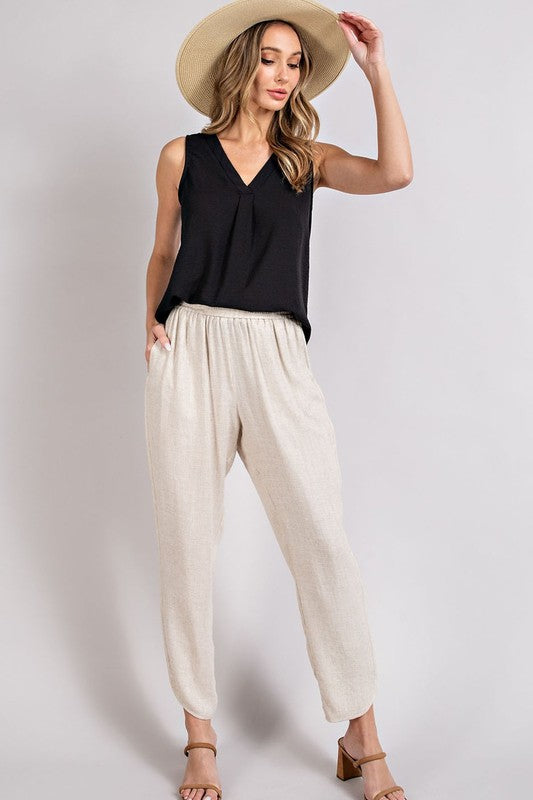 Solid V-Neck Sleeveless Front Pleat Top