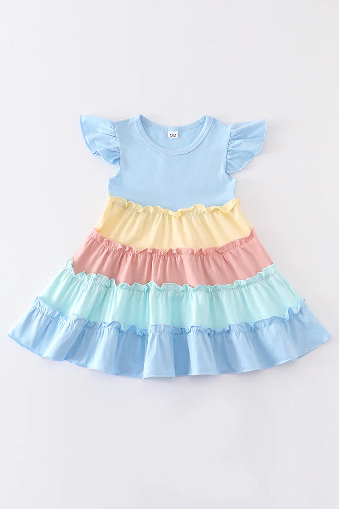 Blue Rainbow Ruffle Tiered Dress W/ Personalization