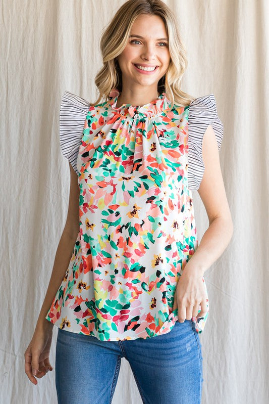 Floral Top W/ Striped Ruffle Sleeve- Emerald