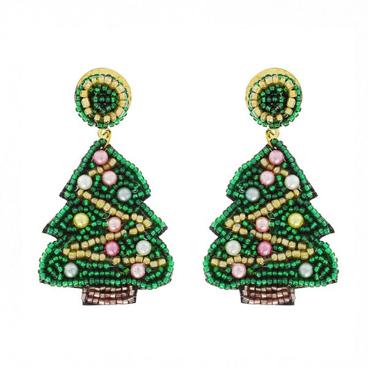 Beaded Ball Ornament Tree Earrings-Green