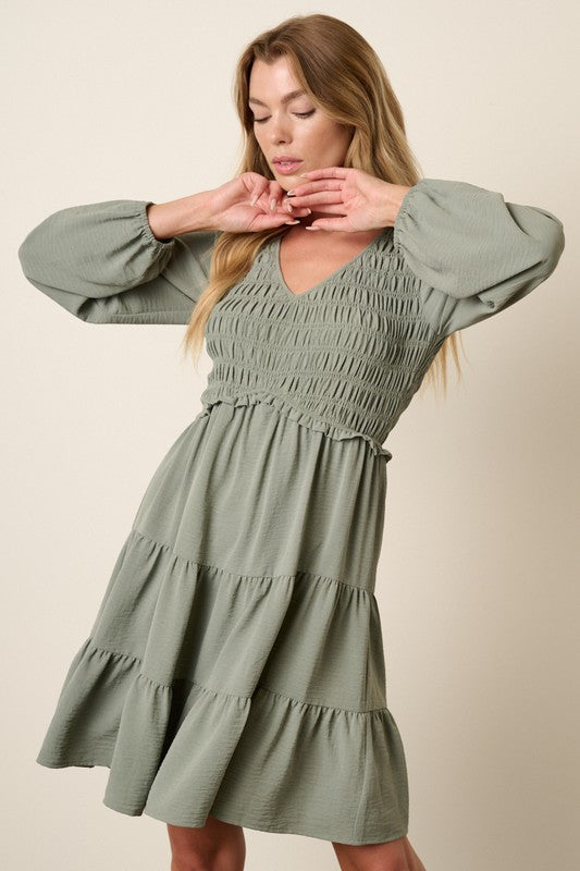 Solid V-neck Smocked Top Puff Long Sleeve Dress