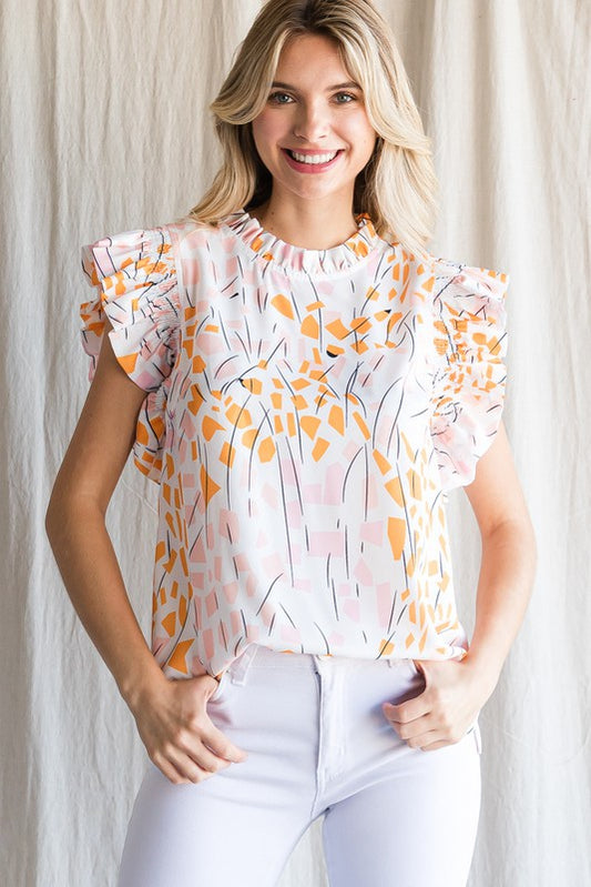 Floral Geo Print Frill Neck Ruffle Sleeve Top- White
