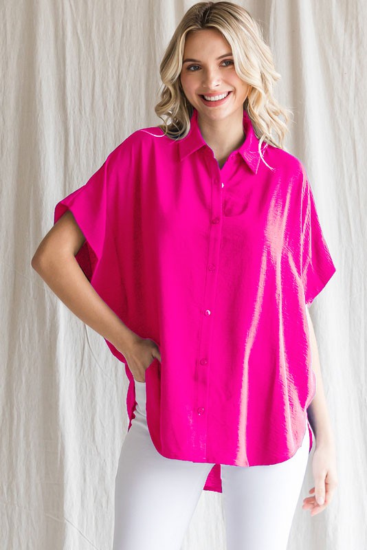 Solid Collared Button Up Dolman Sleeve Top- Hot Pink