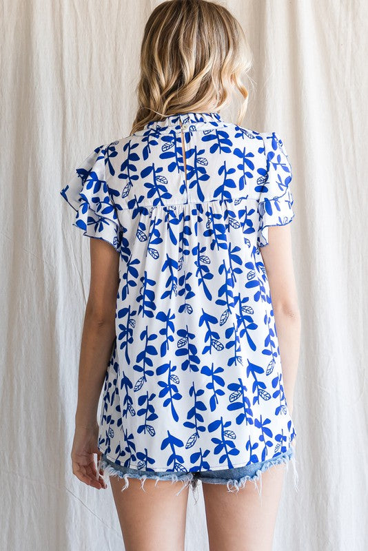 Floral Embroidered Yoke Branch Print Top-Blue