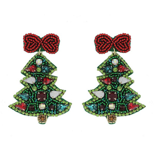 Beaded Bow Topped Rhinestone Tree Earring