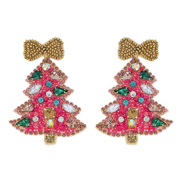 Beaded Bow Topped Rhinestone Tree Earring