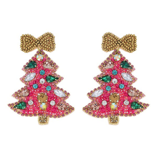 Beaded Bow Topped Rhinestone Tree Earring