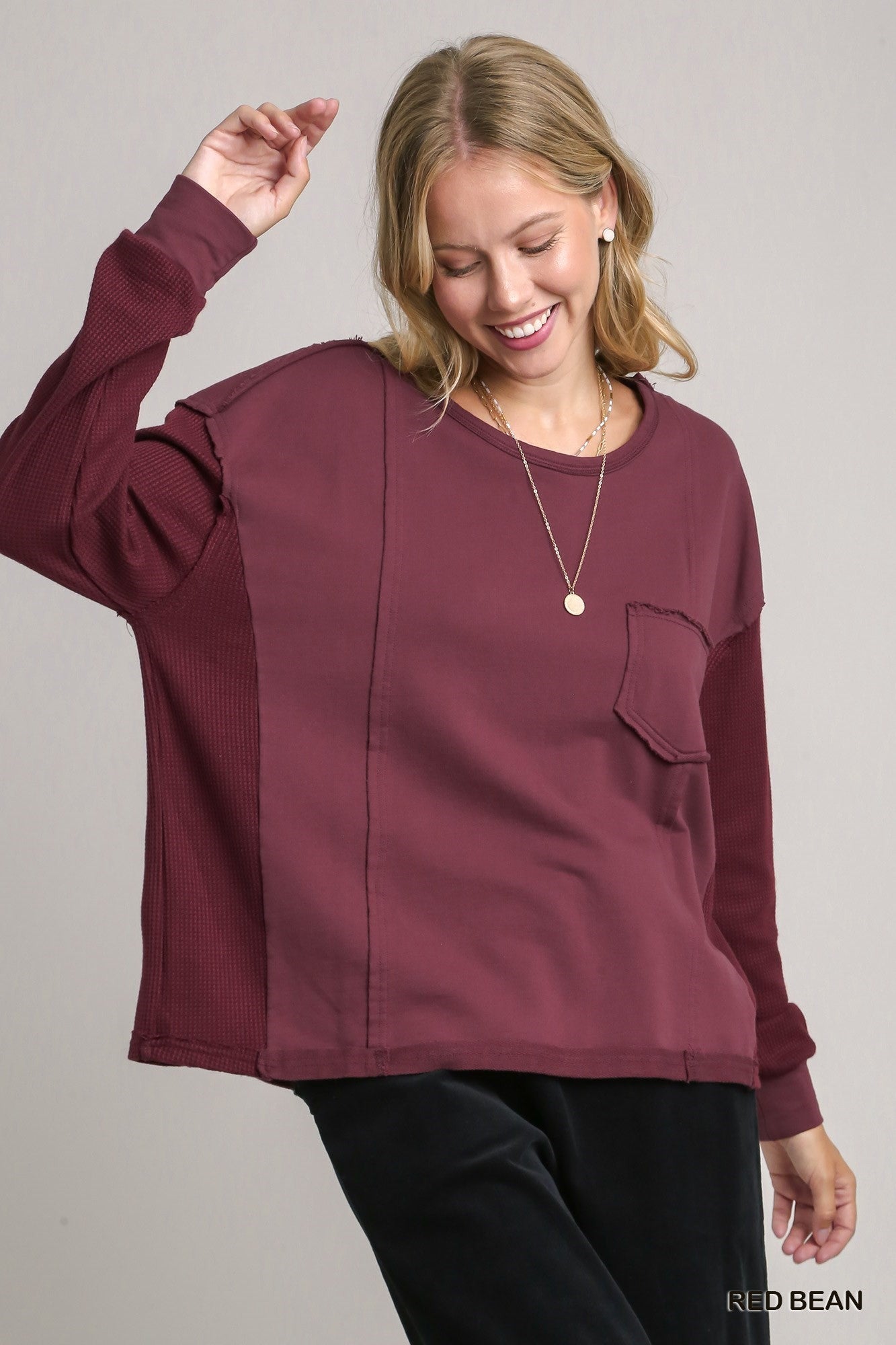 French Terry Waffle Knit Long Sleeve Pocket Top