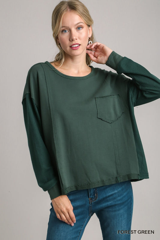 French Terry Waffle Knit Long Sleeve Pocket Top