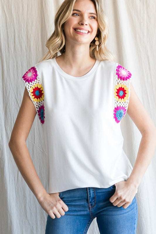 Solid Embroidery Cap Sleeve Top- Off White