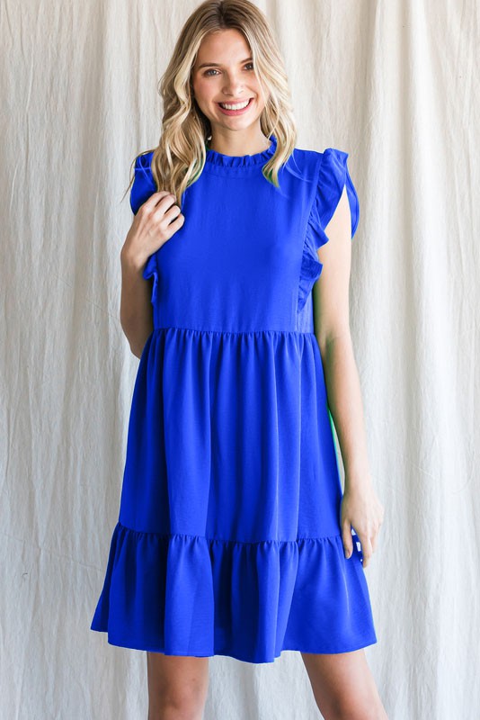Solid Frill Neck Ruffle Detail Sleeve Dress