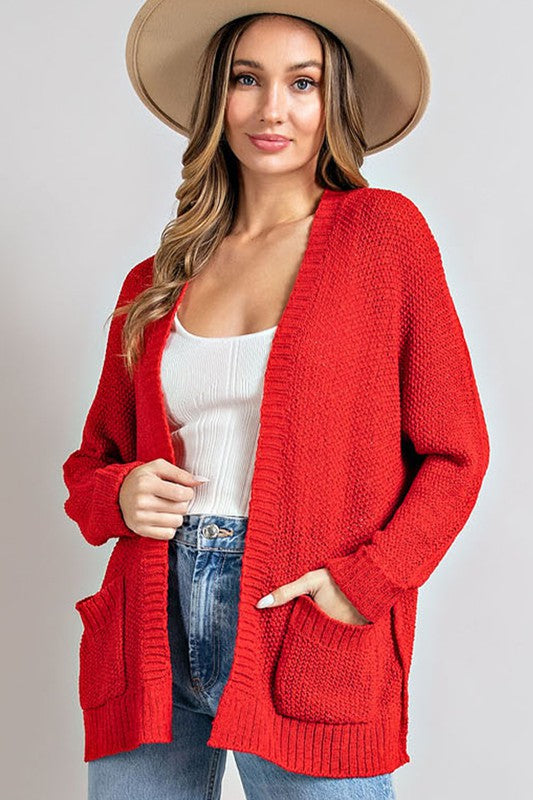 Solid Loose Weave Open Front Pocket Cardigan