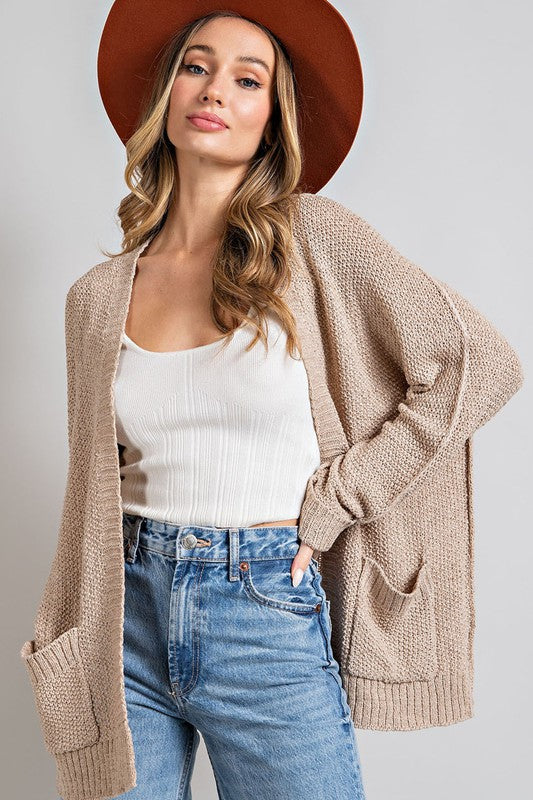 Solid Loose Weave Open Front Pocket Cardigan