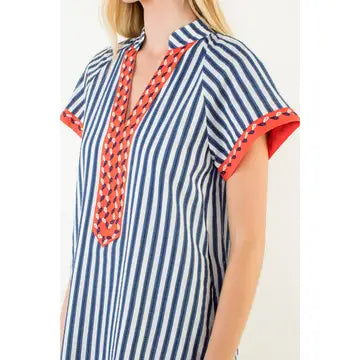 Striped Textured Embroidered Yoke Dress-Navy