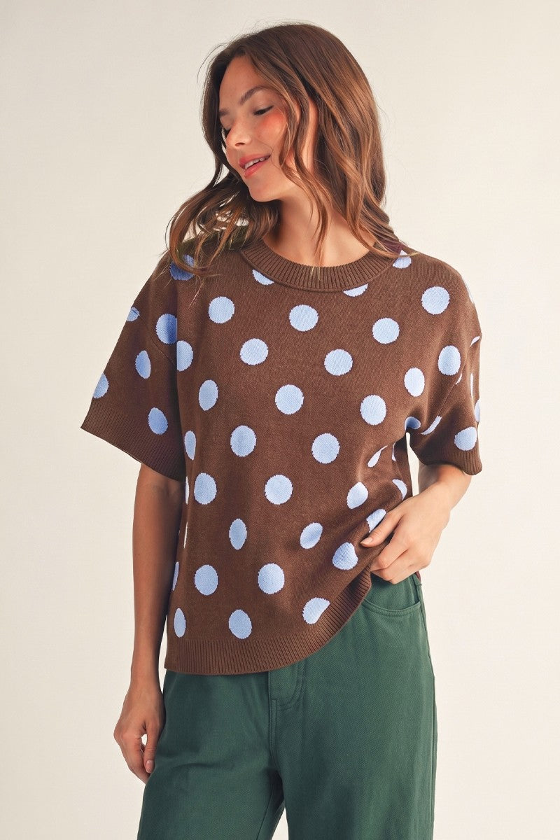 Polka Dot Short Sleeve Sweater-Brown/Blue