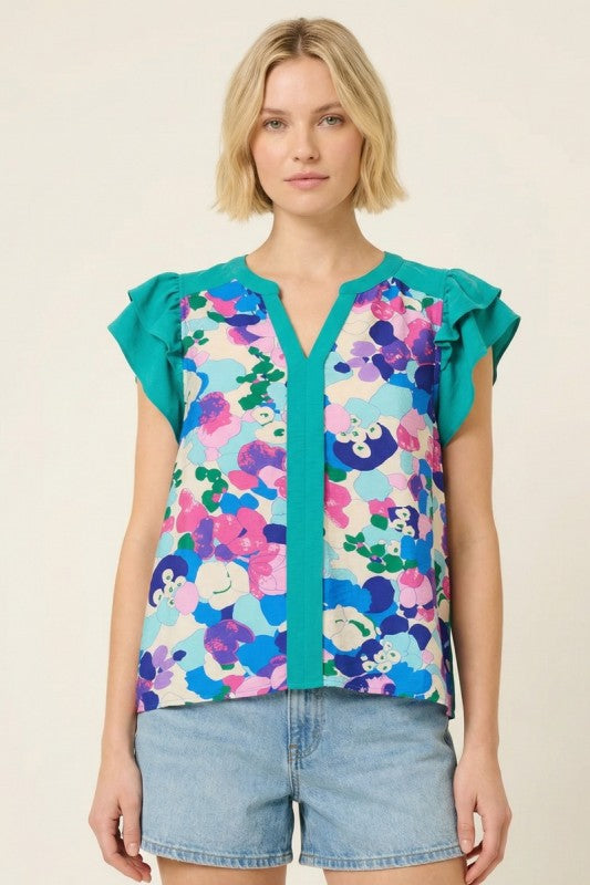 Floral Solid Contrast Trim Ruffle Sleeve Top