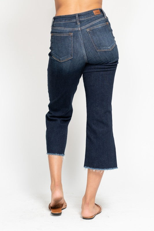 High Waist Cropped Wide Leg Fray Hem Denim - Dark