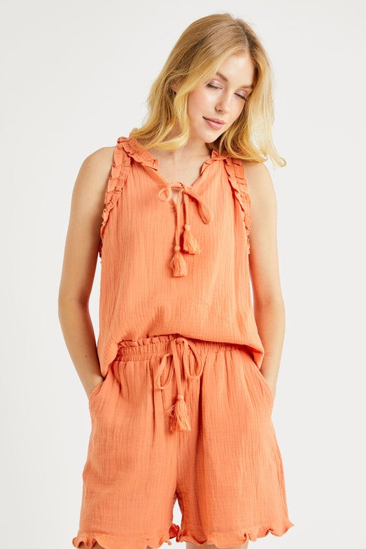 Solid Gauze Sleeveless Top W/ Tassel-Orange