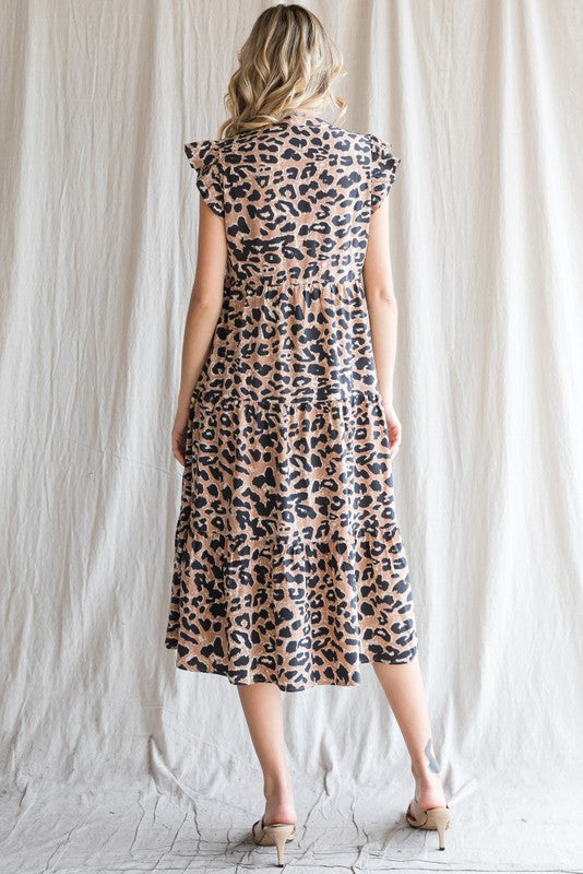 Leopard V-Neck Cap Sleeve Tiered Midi Dress-Taupe