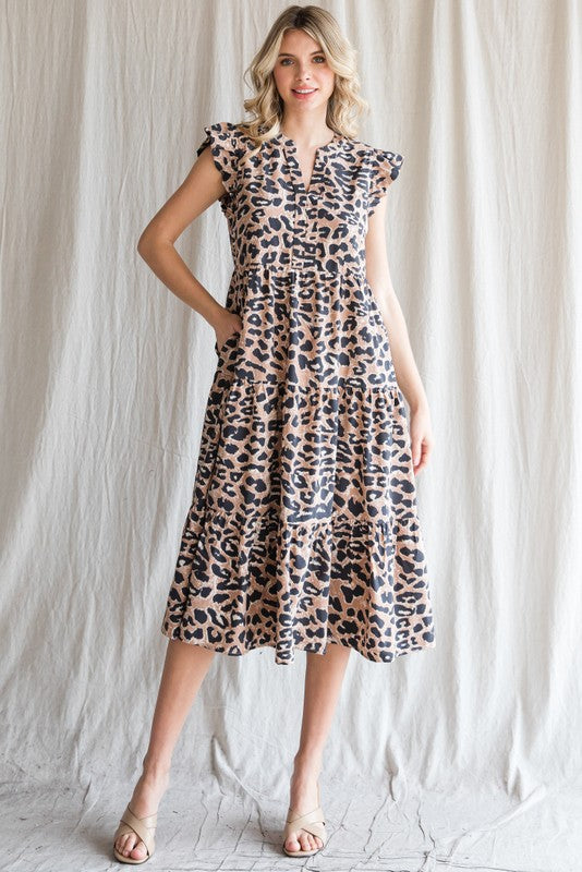 Leopard V-Neck Cap Sleeve Tiered Midi Dress-Taupe