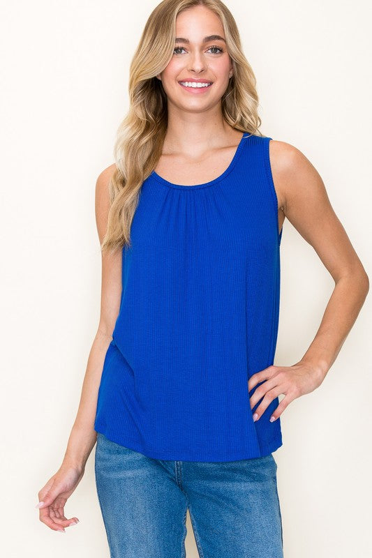 Solid Sleeveless Ribbed Round Gathered Neck Top