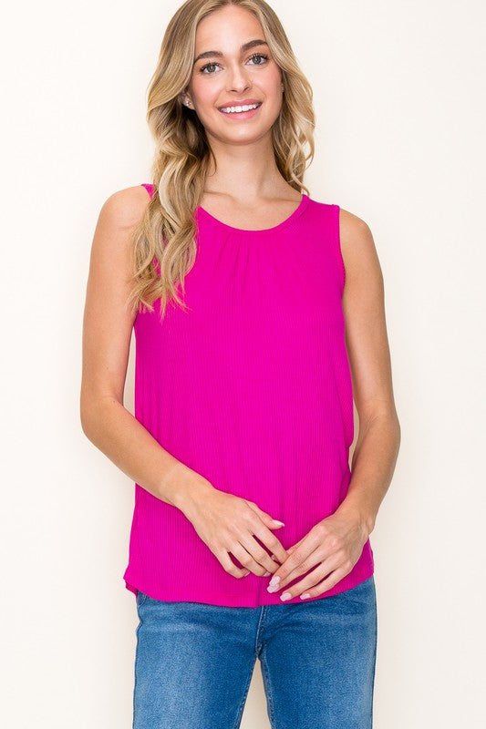 Solid Sleeveless Ribbed Round Gathered Neck Top